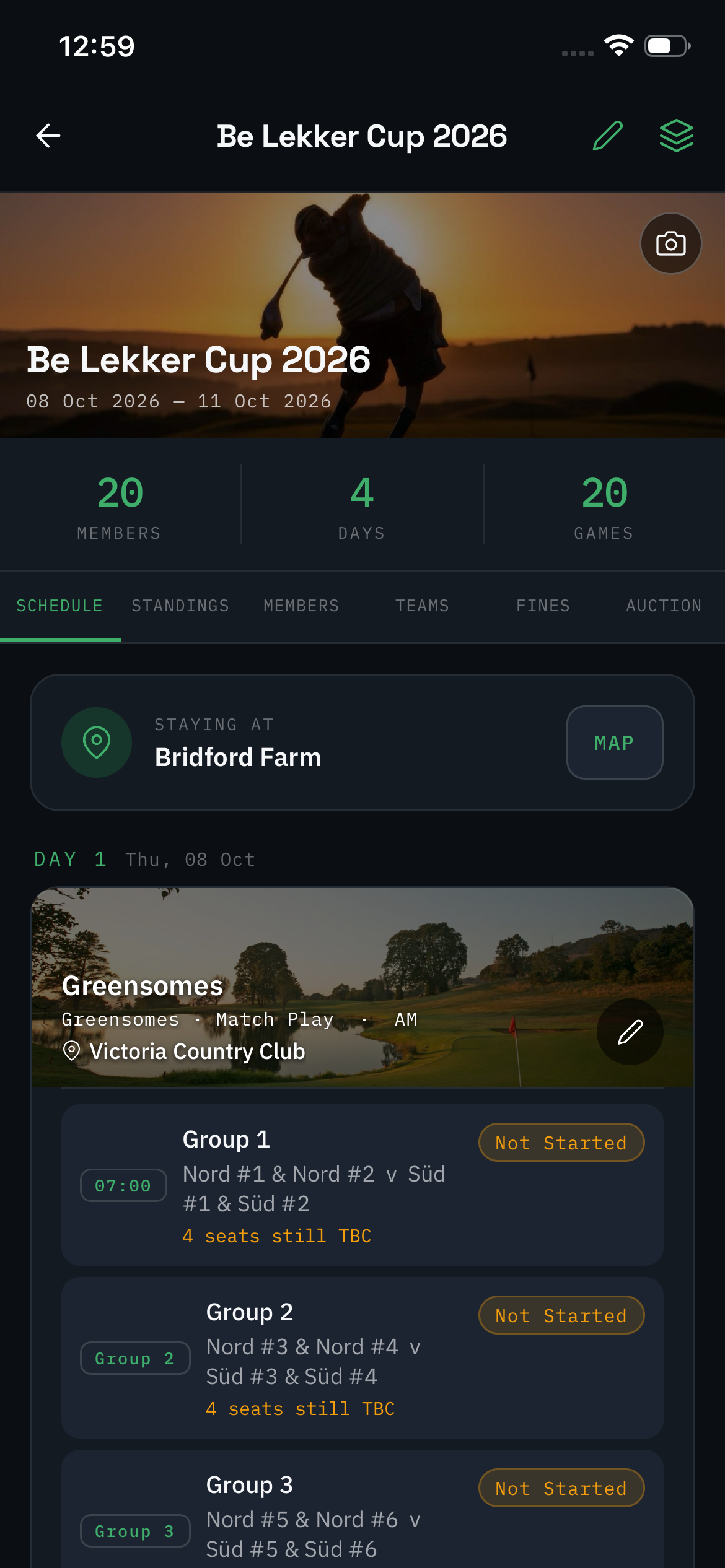 BLC Golf tour screen showing a multi-day Be Lekker Cup schedule with rounds and player groups.